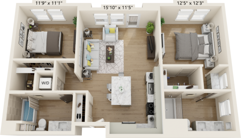 B2C Floor plan with 2 beds, 2 bath and is 1066 square feet