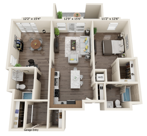 B2D floor plan with 2 bed, 2 bath and is 1115 square feet