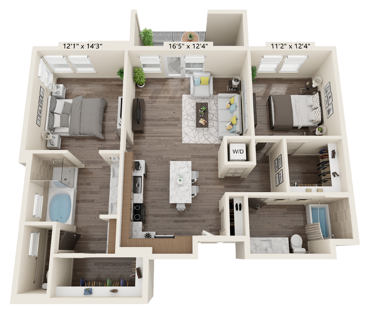 B2E floor plan 2 bed, 2 bath and is 1206 square feet