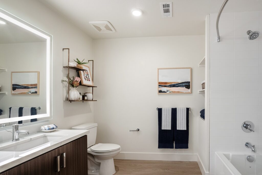 Bathroom with single sink, large mirror, granite countertops, and standup shower